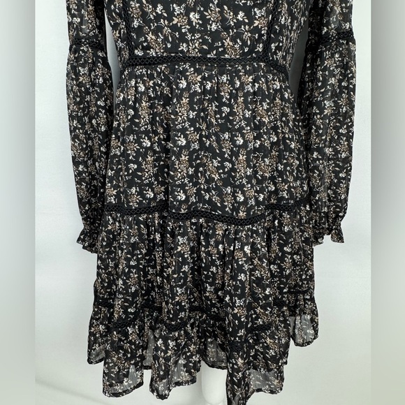 Aqua Ditsy Floral Black Dress Ruffle High Neck Embroidery Small Whimsigoth Boho - Picture 8 of 16